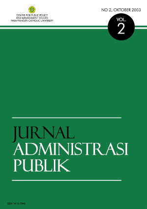 					View Vol. 2 No. 2 (2003): Jurnal Administrasi Publik, Tahun 2, Nomor 2, Oktober 2003, ISSN 1412 - 7040
				